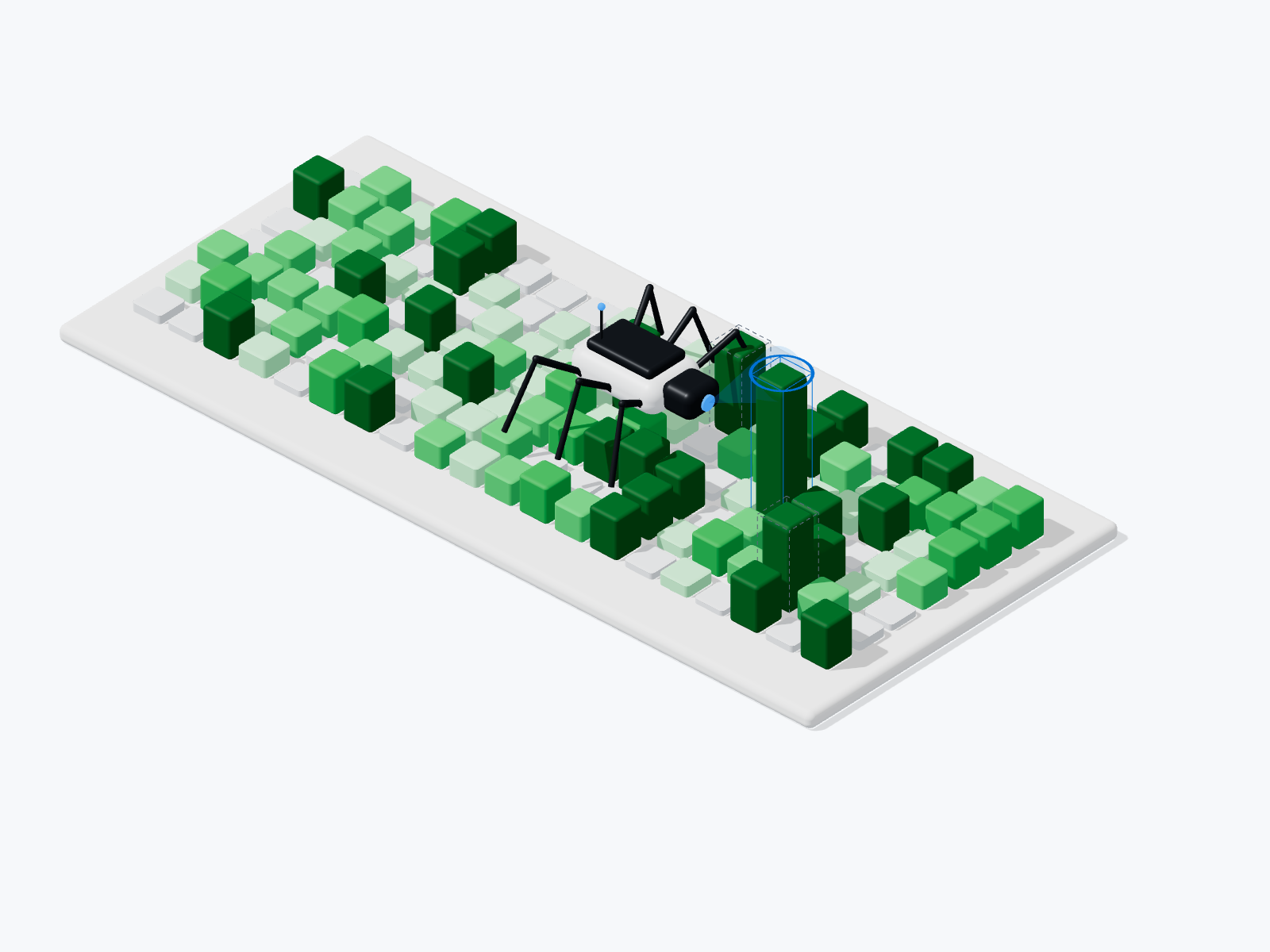 A small crawler robot walks across a 3D contribution graph, scanning the tallest column.